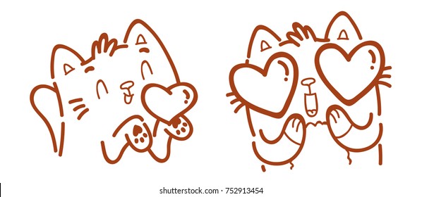 Cute Cat: in love, kiss, romantic, relationship, heart in eyes emotions. Character in outline hand drawn style, doodle cartoon illustration. As mascot, sticker, emoji, emoticon