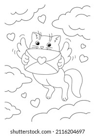 Cute cat with a love letter. Coloring book page for kids. Cartoon style character. Vector illustration isolated on white background. Valentine's Day.