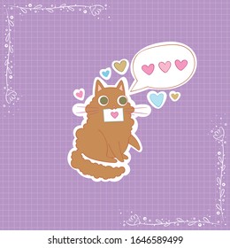 Cute cat. Love message. Hearts. Stickers. Checkered background. Isolated vector objects. 