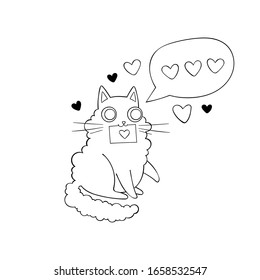 Cute cat. Love message. Hearts. Stickers. Isolated vector objects. 