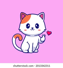 Cute Cat With Love Sign Hand Cartoon Vector Icon Illustration. Animal Nature Icon Concept Isolated Premium Vector. Flat Cartoon Style