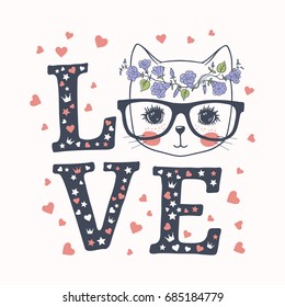 Cute cat. Love slogan. Vector illustration for print design