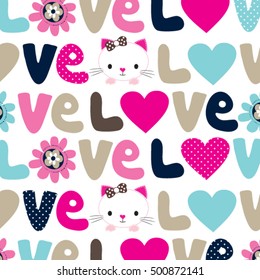 cute cat with love subtitle, childish pattern with cat and love text, wrapping paper, hand drawn cat and love subtitle background vector illustration, bedding pattern for kids 