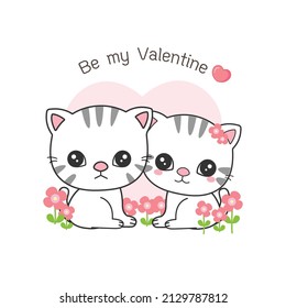 Cute cat in love for Valentine day. Animal cartoon style.