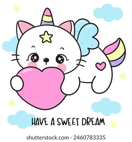 Cute cat lover holding heart for sweet dream fairy tale on sky. Series: Kawaii animals funny kitten playing isolated on white background (Character cartoon)  Perfect make a wish for baby t shirt.