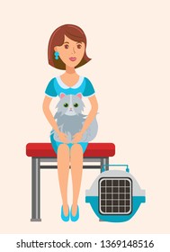 Cute Cat Lover Sitting on Bench Flat Illustration. Woman, Girl Holding Pet on Laps Cartoon Character. Domestic Animal Cage, Box. Vet Clinic Visitor, Client Waiting for Veterinary Doctor Consultation