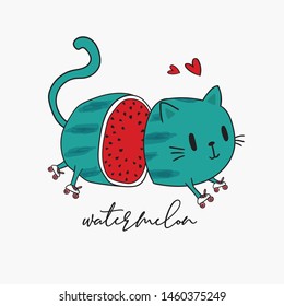 Cute cat loves watermelon ,vector illustration for kids fashion artworks, children books, greeting cards, t-shirt graphic. Funny animal print.