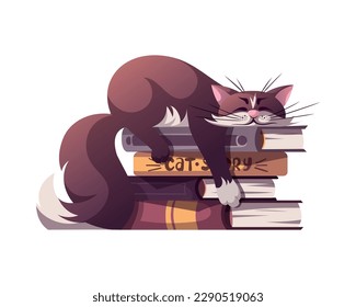 Cute cat lying in the books. Isolated Vector illustration for card, postcard, cover.