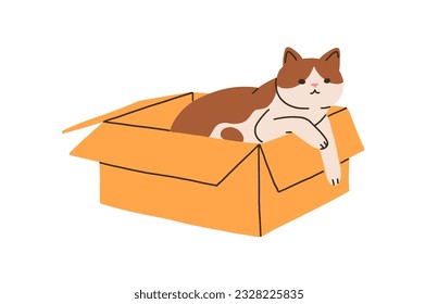 Cute cat lying inside cardboard box. Funny kitty relaxing in open carton package. Amusing sweet lovely feline animal on paperboard packing. Flat vector illustration isolated on white background