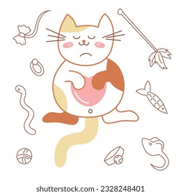 Cute cat lying on the back with a heart and toys. Doodle color vector illustration.