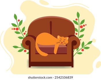 Cute cat is lying on back of chair in warm room. Concept of cozy home.  Vector illustration in flat style.