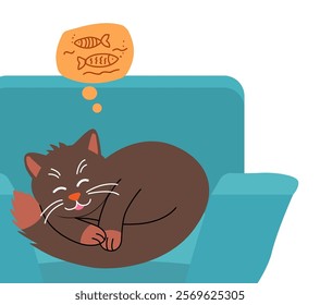 Cute cat is lying on back of chair in warm room. Concept of cozy home.  Vector illustration in flat style.