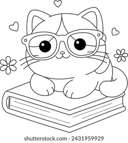 Cute cat is lying on the book coloring page. Kawaii kitten illustration coloring book. Graphic elements for kids. Cartoon hand drawn style.