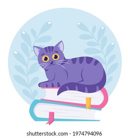 Cute cat lying on the books. World book day. Vector illustration