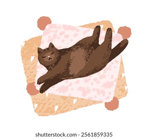 Cute cat lying on comfortable cushion. Adorable feline, relaxed home pet sleeping with belly up. Funny lazy kitty in cozy peaceful pose. Flat vector illustration isolated on white background