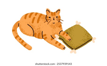 Gato lindo que miente en cojín suave acogedor. Adorable animal felino, mascota casera disfrutando de la relajación, el Ocio y el confort. Kitty relajándose, descansando. Ilustración vectorial plana aislada sobre fondo blanco