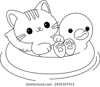 
The cute cat is lying on a duck float coloring page. Doodle cartoon style.