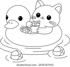 
The cute cat is lying on a duck float coloring page. Doodle cartoon style.