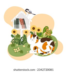 Cute cat lying on the flower garden grass Mailbox with a bird on it Flat vector item isolated on white background.