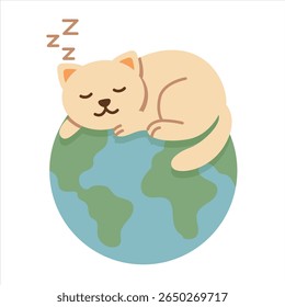 Cute Cat Lying on the Globe, World Cat Day Vector Illustration, Suitable for Banner, Sticker and More
