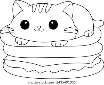 The cute cat is lying on a hamburger coloring page