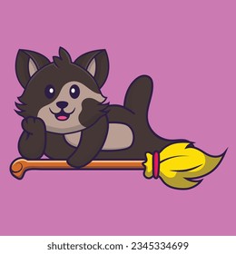 Cute cat lying on Magic Broom. Animal cartoon concept isolated. Can used for t-shirt, greeting card, invitation card or mascot.