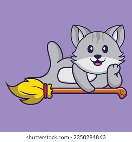 Cute cat lying on Magic Broom. Animal cartoon concept isolated. Can used for t-shirt, greeting card, invitation card or mascot.