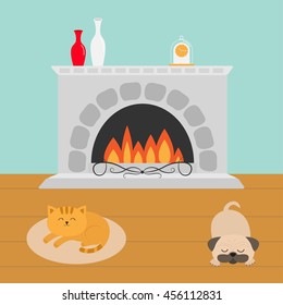 Cute Cat Lying On Oval Carpet Rug Mat. Sleeping Mops Pug Dog. Funny Cartoon Character. Fireplace With Vase Set And Clock. Burning Fire. Flat Design. Vector Illustration