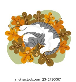 Cute cat lying on the pile of leaves Flat vector item isolated on white background.