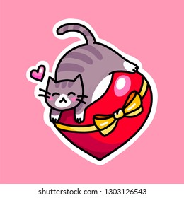 Cute cat lying on a pillow in the shape of a heart. Cat in love. Vector illustration isolated on pink background. Greeting card for Valentine's day. Happy Valentine's Day!