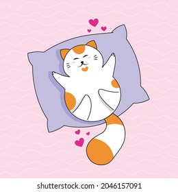 A cute cat is lying on a pillow. Happy cat. Vector illustration.