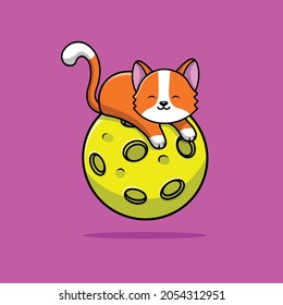 Cute Cat Lying On Planet Cartoon Vector Icon Illustration. Animal Space Icon Concept Isolated Premium Vector. Flat Cartoon Style
