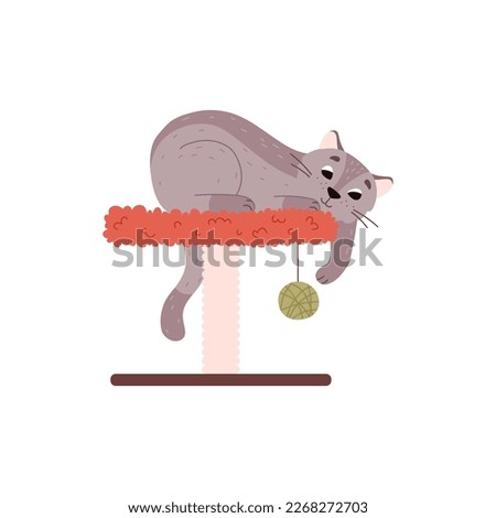 Cute cat lying on scratching post and playing with ball, cartoon flat vector illustration isolated on white background. Funny animal character. Pet owning concept.