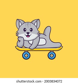 Un gato lindo tirado en una patineta. El concepto de caricatura animal aislado. Puede usarse para camisetas, tarjetas de felicitación, tarjetas de invitación o mascota.