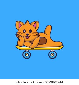 Cute cat lying on a skateboard. Animal cartoon concept isolated. Can used for t-shirt, greeting card, invitation card or mascot.