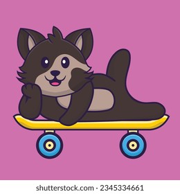 Cute cat lying on a skateboard. Animal cartoon concept isolated. Can used for t-shirt, greeting card, invitation card or mascot