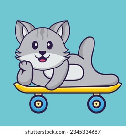 Cute cat lying on a skateboard. Animal cartoon concept isolated. Can used for t-shirt, greeting card, invitation card or mascot.