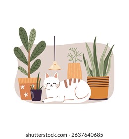 Cute cat lying in the room among potted houseplants. Vector illustration in flat style