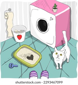 El gato lindo hizo un manto de forma de corazón en una caja de basura y mira con amor a su dueño. Una mascota mee en una caja de basura en un baño de una chica glamurosa. Ilustración del vector de dibujos animados coloridos