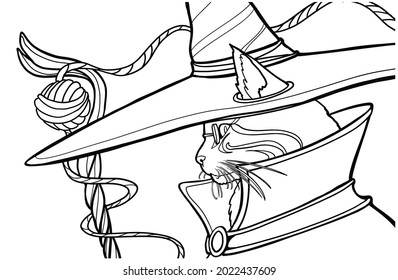 Cute cat magician in a huge pointed wizard hat with ears sticking out of it looks slyly through his round glasses, he is wearing mania, in his hand is a wooden staff with a magic ball at the top, 2d 