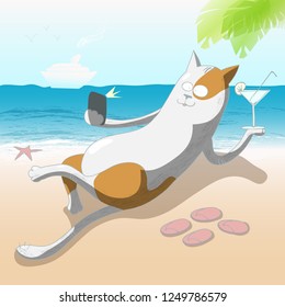 cute cat make selfie on the beach - vector cartoon character