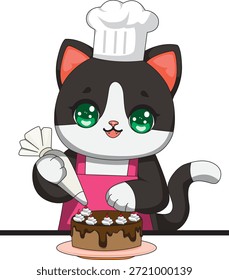 Gato lindo que hace la torta Chef Kitten Panadería Vector de alimentos