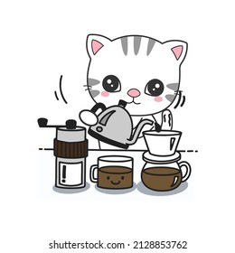 Cute Cat making coffee cartoon, vector illustration	