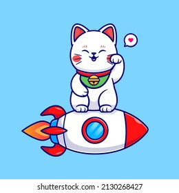 Cute Cat Maneki Neko On Rocket Cartoon Vector Icon Illustration. Animal Technology Icon Concept Isolated Premium Vector. Flat Cartoon Style