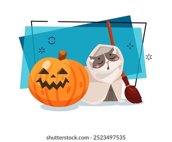 Cute cat in mantle and with broom vector illustration. Scary pumpkin lantern on abstract background. Halloween holiday, pet, party, magic concept. Can be used for banner or invitation design