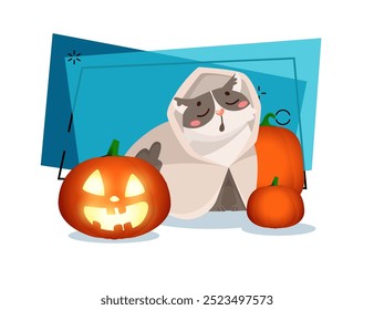 Cute cat in mantle with scary pumpkin lantern vector illustration on abstract background. Halloween holiday, pet, party, magic concept. Can be used for banner or invitation design