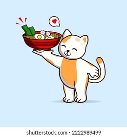 Cute cat mascot carrying noodles. Illustration of cute animal mascot. Used for noodles shop promotion purposes or for printing in various media.