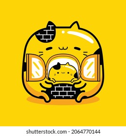 cute cat mascot character at home in flat cartoon style