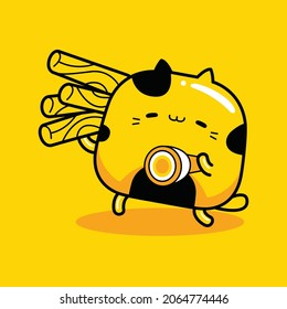 cute cat mascot character looking for firewood in flat cartoon style