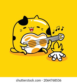 cute cat mascot character playing guitar profession in flat cartoon style